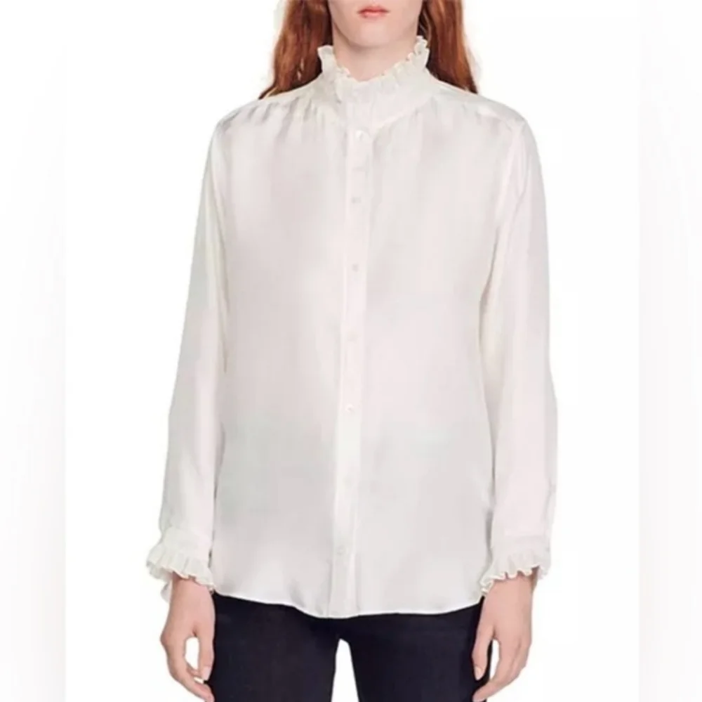 Sandro Cream Ruffle-Neck Silk Blouse - Picture 2 of 10